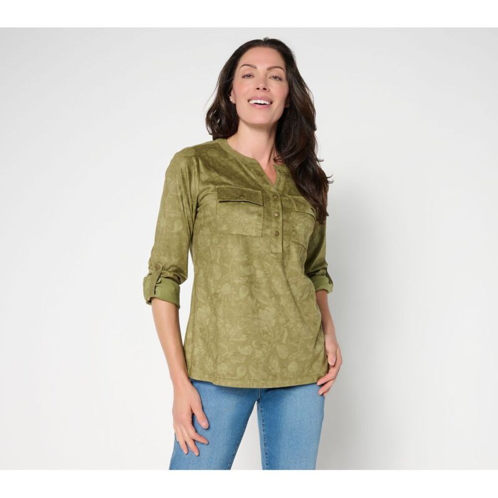 Belle by Kim Gravel Women's Top Sz XL Persuede Me Snappy Shadow Green A734076